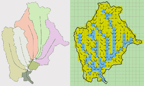 Figura 2: Esquema de divisió d'una conca i de conceptualització de la xarxa de drenatge: en subconques (esquerra); i en subunitats artificials (dreta). L'exemple està basat en la conca del Besós.